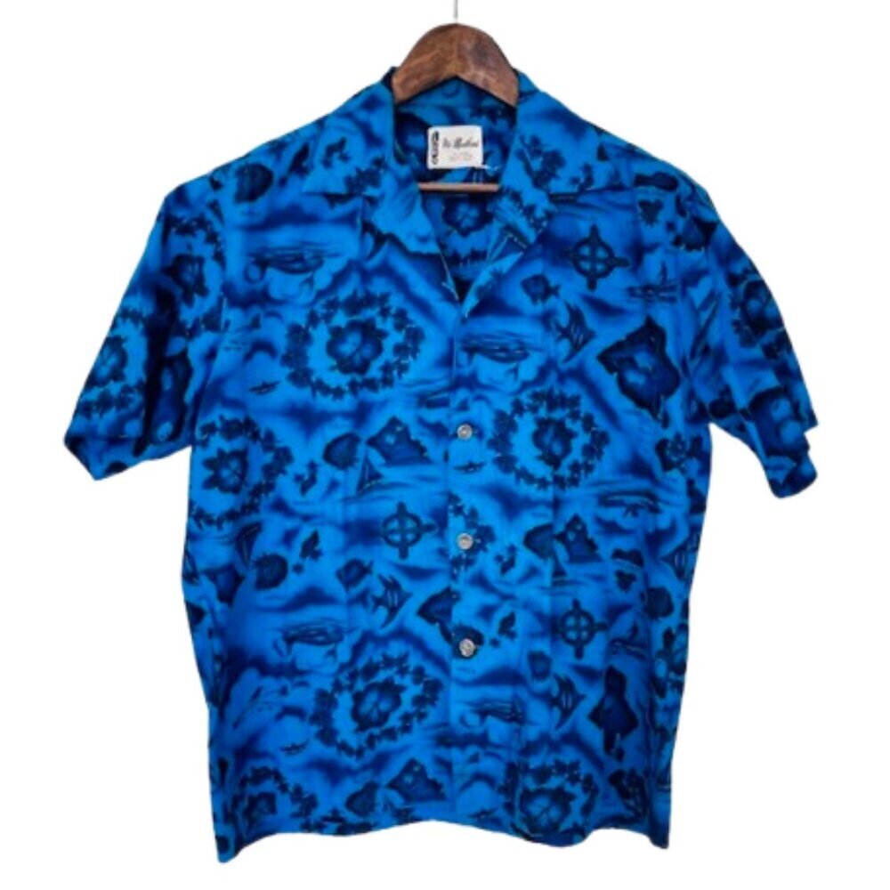 Vintage 60's Ui-Maikai 100% Cotton Hawaiian Map Tiki Tropical Shirt Large